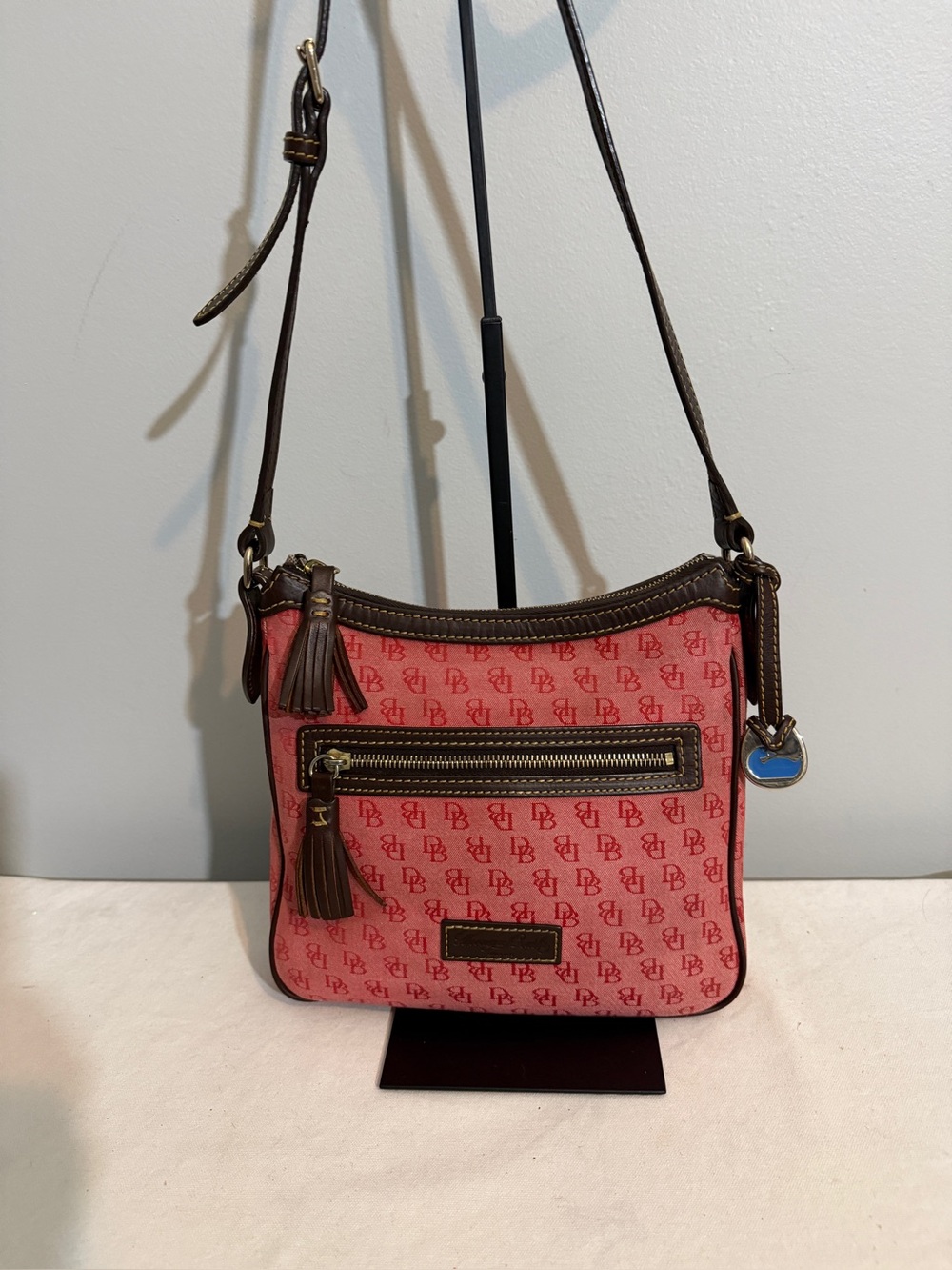 Dooney & Bourke Crossbody Bag Red Fuchsia Monogram Canvas Brown Leather Trim